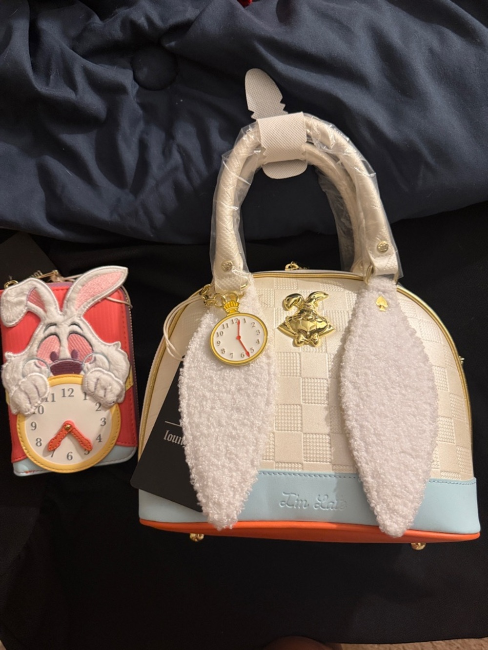 Loungefly White and Light Blue Bunny-Ear Dome Satchel with Gold Clock Charm